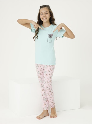 Multi - Crew neck - Unlined - Mint - Cotton - Girls` Pyjamas - Larice Kids