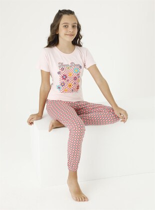 Multi - Crew neck - Unlined - Pink - Cotton - Girls` Pyjamas - Larice Kids