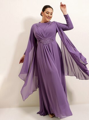 Lilac - Fully Lined - Crew neck - Modest Plus Size Evening Dress - By Saygı