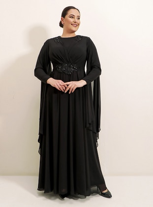 Black - Fully Lined - Crew neck - Modest Plus Size Evening Dress - By Saygı
