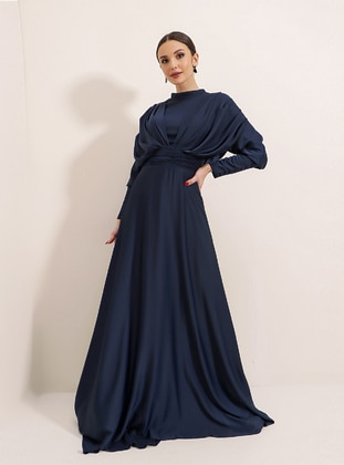 Front Back Shirred Sleeves Button Detailed Lined Long Satin Hijab Evening Dress Navy Blue