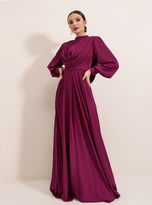 Fuchsia - Fully Lined - Polo neck - Modest Evening Dress - By Saygı