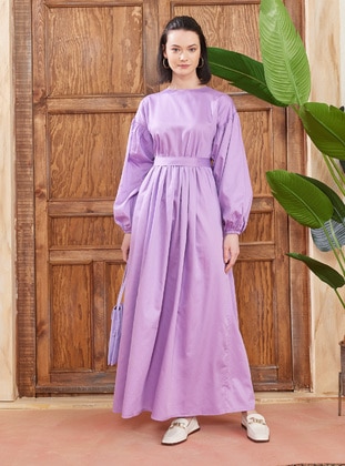 Lilac - Crew neck - Unlined - Cotton - Satin - Modest Dress - Ceylan Otantik