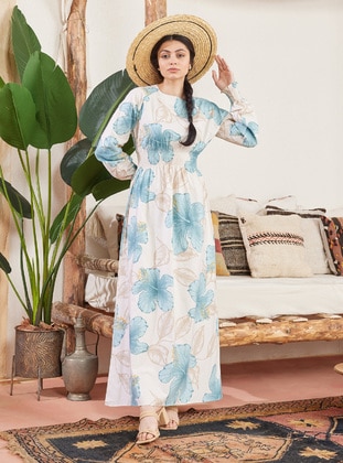 Turquoise - Floral - Crew neck - Unlined - Cotton - Modest Dress - Ceylan Otantik