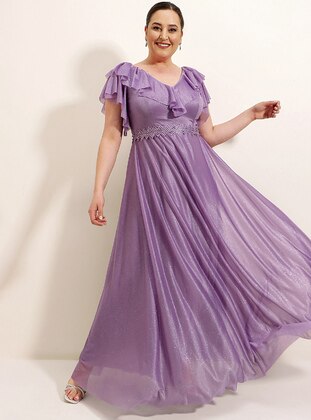 Lilac - V neck Collar - Modest Plus Size Evening Dress - By Saygı