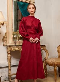 Red - Crew neck - Unlined - Cotton - Modest Dress