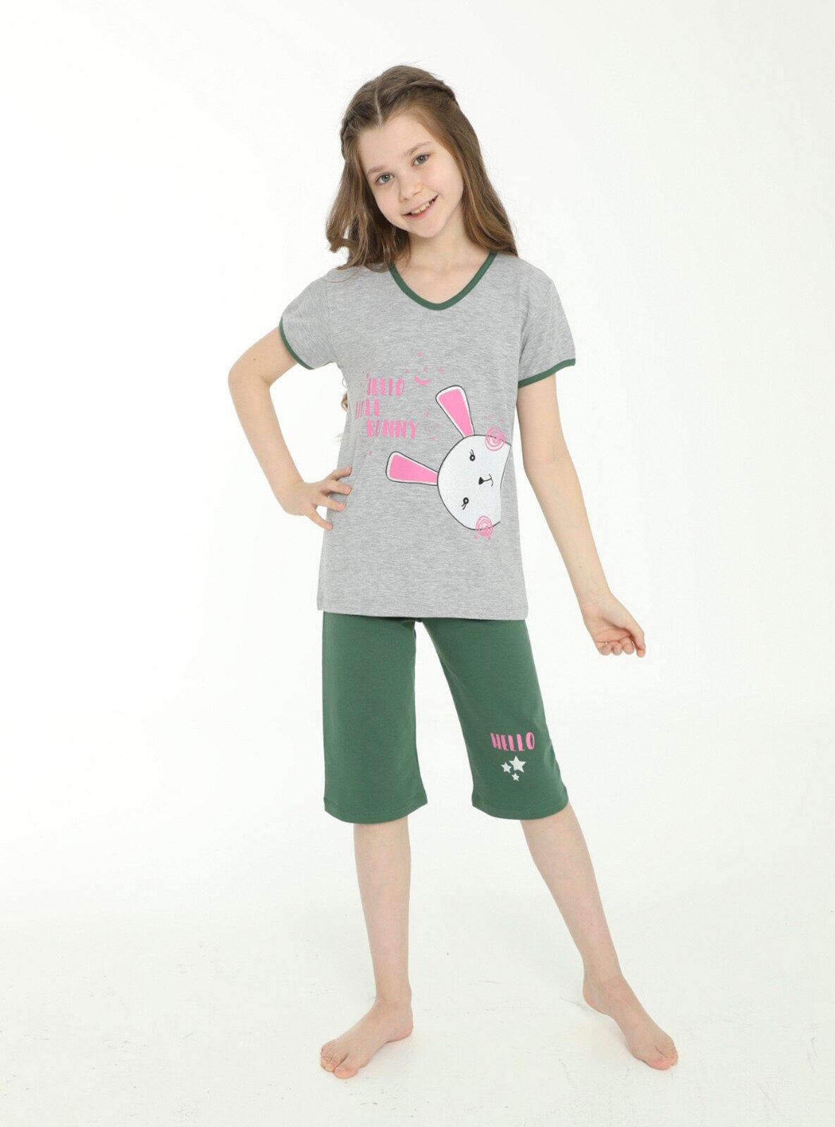 Multi Crew Neck Unlined Gray Green Cotton Girls` Pants