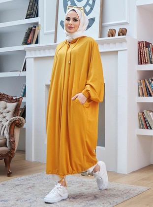 Button Down Hooded Oversized Tunic Mustard