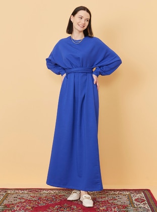 Blue - Crew neck - Unlined - Cotton - Modest Dress - Ceylan Otantik
