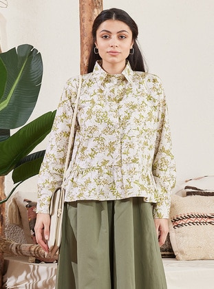 Green - Floral - Point Collar - Cotton - Blouses - Ceylan Otantik
