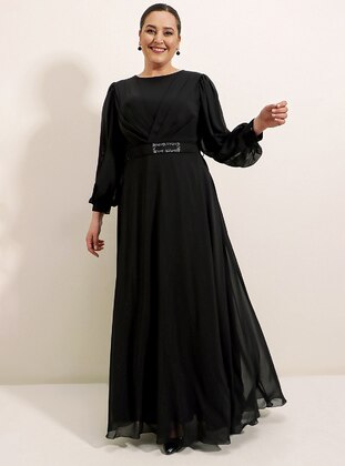 Black - Crew neck - Modest Plus Size Evening Dress - By Saygı