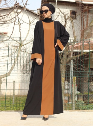 Mustard - Black - Crew neck - Unlined - Modest Dress - Melek Aydın