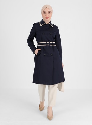 Navy Blue - Fully Lined - Point Collar - Cotton - Trench Coat - Olcay