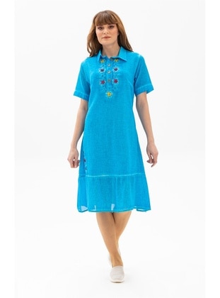 Turquoise - Cotton - Cuban Collar - Modest Dress - ELİŞ ŞİLE BEZİ