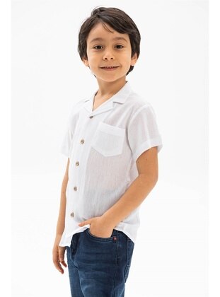 White - Unlined - Cotton - Cuban Collar - Boys` Shirt - ELİŞ ŞİLE BEZİ