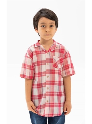 Red - Unlined - Cotton - Cuban Collar - Boys` Shirt - ELİŞ ŞİLE BEZİ