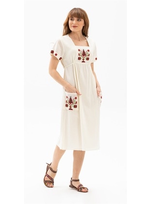 Cream - Cotton - Sweatheart Neckline - Modest Dress - ELİŞ ŞİLE BEZİ