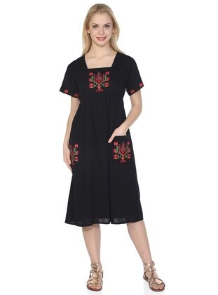 Black - Cotton - Sweatheart Neckline - Modest Dress - ELİŞ ŞİLE BEZİ