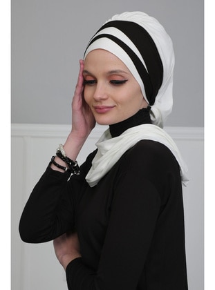 Cream-Beige Black Combed Cotton Instant Hijab Instant Scarf