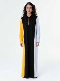 Black - Orange - Multi - V neck Collar - Unlined - Cotton - Modest Dress