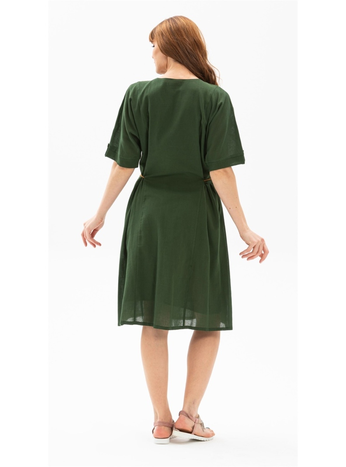 Green - Cotton - Crew neck - Modest Dress