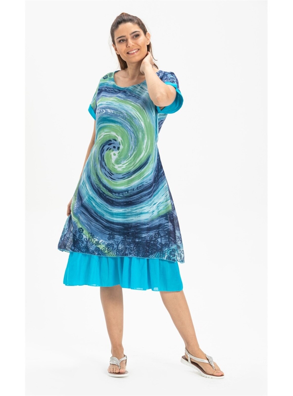 Turquoise - Cotton - Crew neck - Modest Dress