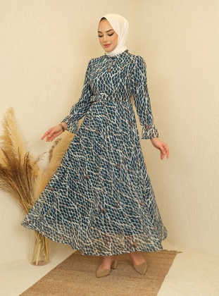 Chiffon Dress With Patterned Drawstring Detail Petrol Blue