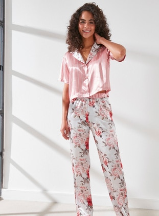 Ecru - Pink - Shawl Collar - Floral - Pyjama Set - C&CITY
