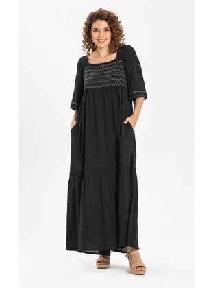 Black - Cotton - Sweatheart Neckline - Modest Dress - ELİŞ ŞİLE BEZİ