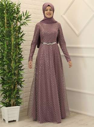 Lilac - Multi - Fully Lined - Crew neck - Modest Evening Dress - Esmaca