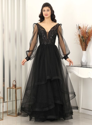 Fully Lined - Black - V neck Collar - Evening Dresses - Surikka