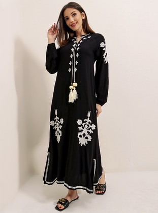 Black - Unlined - Viscose - Modest Dress - By Saygı