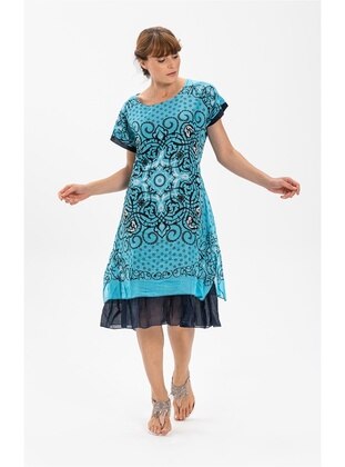 Turquoise - Cotton - Crew neck - Modest Dress - ELİŞ ŞİLE BEZİ