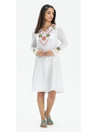 White - Cotton - V neck Collar - Modest Dress - ELİŞ ŞİLE BEZİ