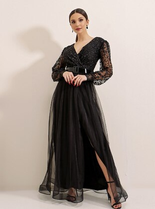 Double-Breasted Collar Long Sleeve Lined Lined Belt Detailed Top Sim Tulle Long Dress Black