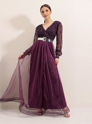 Fully Lined - Purple - Double-Breasted - Evening Dresses - By Saygı