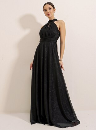 Fully Lined - Silvery - Black - Evening Dresses - By Saygı