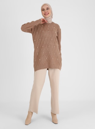 Pearl Detailed Sweater Tunic Beige Melange
