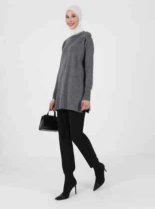 Pearl Button Detailed Sweater Tunic Anthracite Melange