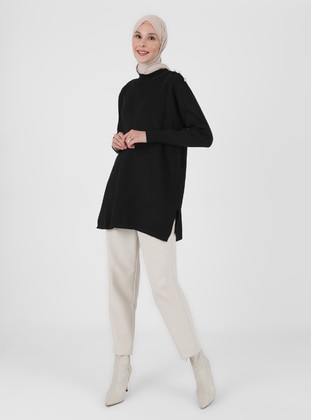 Black - Polo neck - Unlined - Knit Tunics - Refka