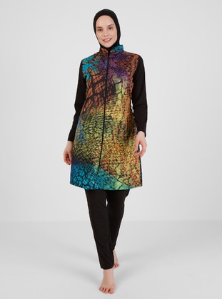 Sleeves Lycra Sea Sparkle Pattern Burkini Full Covered Swimsuit Multicolor