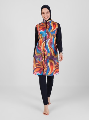 Sleeves Lycra Paisley Pattern Burkini Full Covered Swimsuit Multicolor