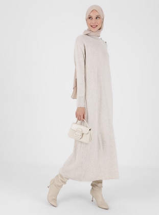 Knitwear Modest Dress With Stone Button Detail On The Shoulder Open Stone