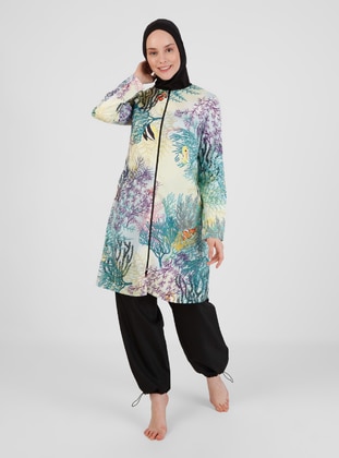 Underwater Patterned Burkini Full Covered Swimsuit Multicolor