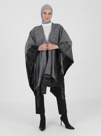 Color Block Lurex Knitwear Poncho Black Silver