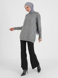Pearl Detailed Tricot Tunic Silver Color Color Melange