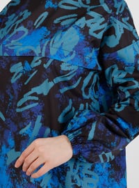 Blue Floral Patterned Burkini Full Covered Swimsuit Blue