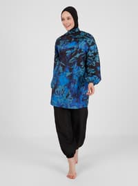Blue Floral Patterned Burkini Full Covered Swimsuit Blue