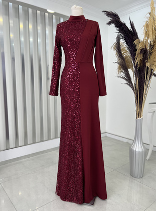 Maroon - Fully Lined - Crew neck - Modest Evening Dress - Piennar