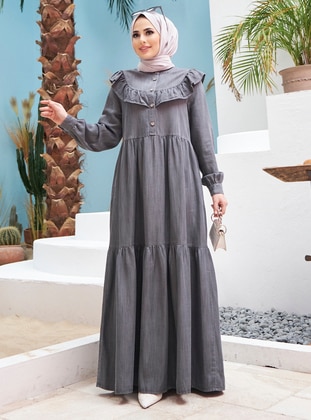 Frill Detailed Modest Dress Gray